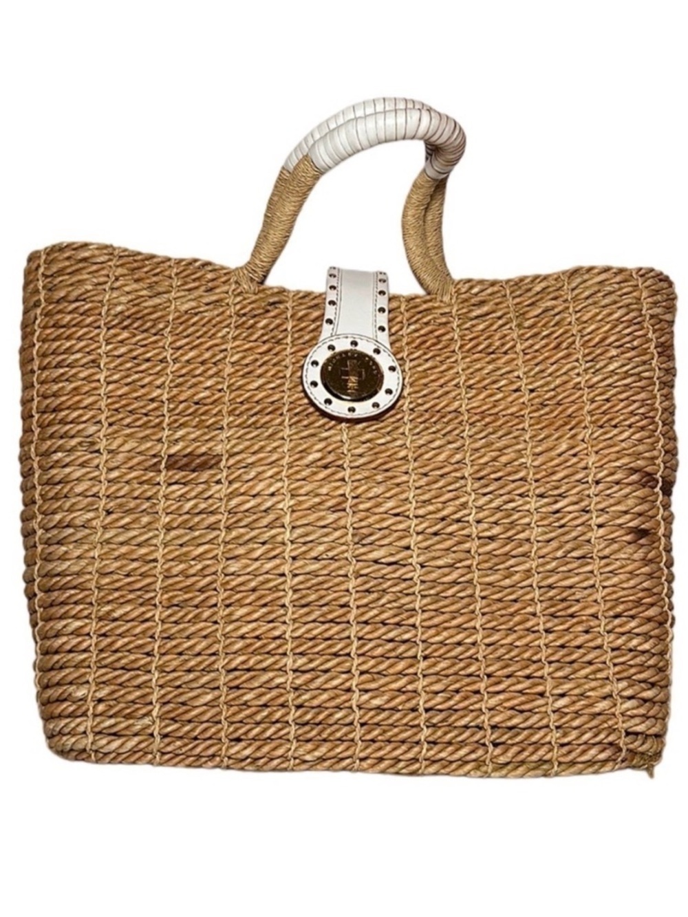 MICHAEL KORS Vintage large straw husk and white leather with gold tone studs